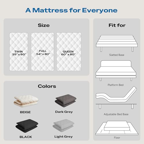 Aircliff Japanese Floor Futon Mattress, Tatami Mat Sleeping Pad, Shikibuton, Mattress Topper, Boys Girls Roll Up Dormitory Mattress, Foldable & Portable Floor Lounger Bed, Guest Bed (Cream, Twin) Aircliff