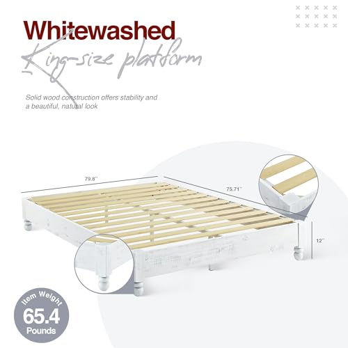 Rustic White Washed King Platform Bed Frame by MUSEHOMEINC – No Boxspring Needed, Timeless Design MUSEHOMEINC
