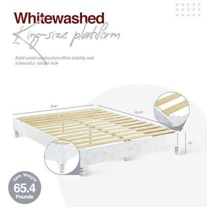 MUSEHOMEINC Wood Platform Bed Frame Rustic Style,Mattress Foundation(no boxspring Needed), White Washed Finish, King