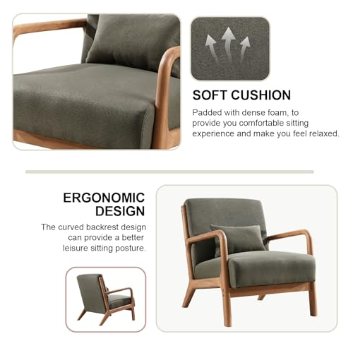 IOMOR Accent Chair Mid Century Modern Chair Linen Fabric Living Room Chairs with Solid Wood Frame Comfy Upholstered and Lumbar Pillow Reading Side Chair Easy Assembly for Bedroom Room (1, Linen Green) IOMOR