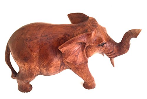 OMA Elephant Statue Solid Wood Hand Carved Lucky Trunk Up Elephant Figurine Home Decor (Medium) OMA