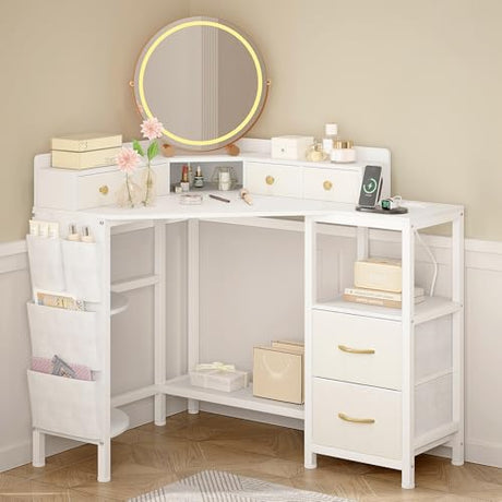 Espelism Corner Vanity Desk with Charging Station, 49.6" Makeup Table with Fabric Drawers & Side Pocket, Space-Saving Dressing Table for Small Space Bedroom Dorm(White) Espelism
