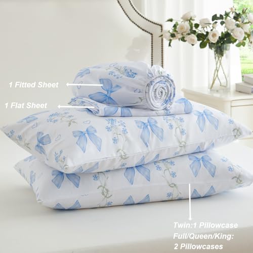 CCoutueChen Blue Bow Sheet Set Full Garden Floral Fitted Sheet Set for Girls Kids Soft Microfiber Fitted Flat Sheets & Pillowcases Cute Princess Style Bowknot Bedding Sets Toddlers 4 Pieces CCoutueChen