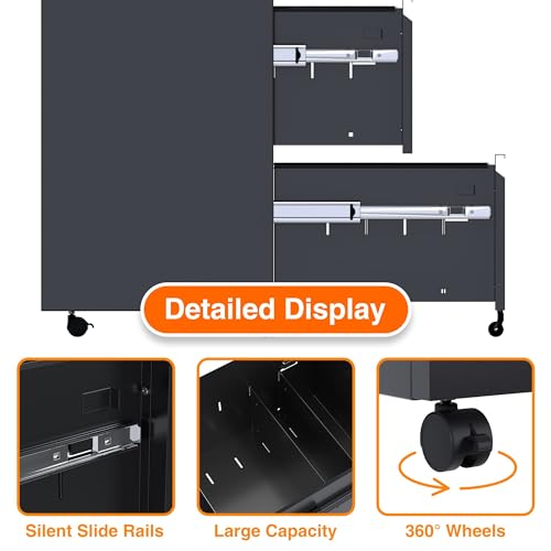 Aobabo Metal 2 Drawer Mobile File Cabinet with Lock, Under Desk Office Steel Filing Cabinet, 25.6''H Legal/Letter Size Files Storage Cabinet,Black,Fully Assembled Aobabo