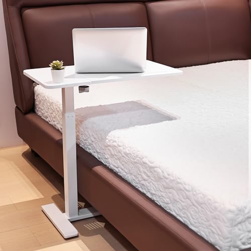 yaaqoo Adjustable Overbed Bedside Table with Hidden Wheels, Pneumatic Tilt Board Rolling Laptop Standing Desk Cart, Mobile Over Bed Sofa Chair Side End Tables, Walnut (White) yaaqoo