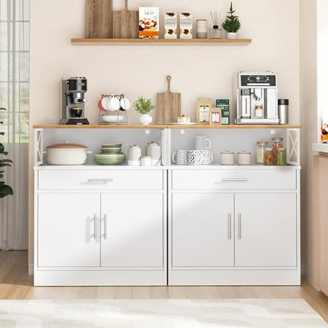 Shintenchi Kitchen Buffet Cabinet with Adjustable Shelf, Modern Kitchen Storage Cabinet,Farmhouse Coffee Bar Cabinet（White） Shintenchi