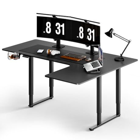 ONBRILL L Shaped Standing Desk, 63x43 Inches Electric L Stand Up Desk with 4 Legs, Dual Motor and Memory Controller, Adjustable Height from 28-46 Inches for Home and Computer Workstation, Black ONBRILL