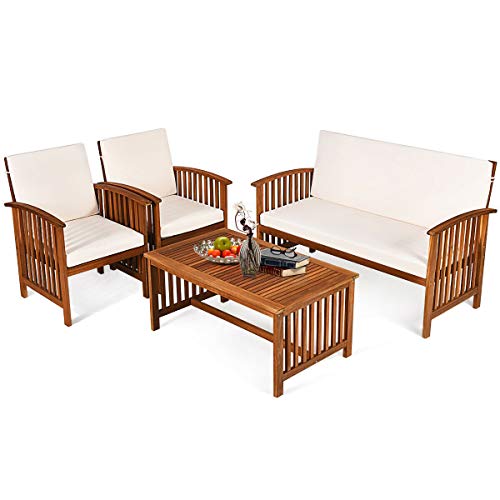Tangkula Outdoor 4 Pcs Acacia Wood Sofa Set w/Water Resistant Cushions, Padded Patio Seating Chat Set w/Coffee Table for Garden, Backyard, Poolside (1, White) Tangkula