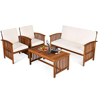 Tangkula Outdoor 4 Pcs Acacia Wood Sofa Set w/Water Resistant Cushions, Padded Patio Seating Chat Set w/Coffee Table for Garden, Backyard, Poolside (1, White) - WoodArtSupply