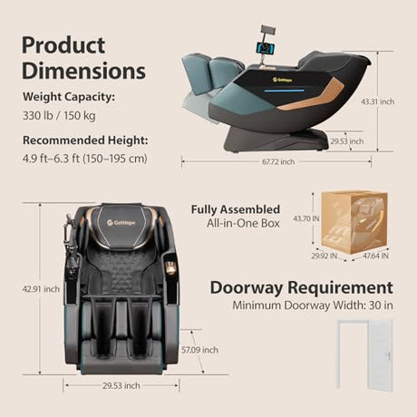 Gethope Massage Chair Full Body 4D Zero Gravity Massage Chair Recliner with 57.1" SL-Track Shiatsu Massage Lumbar Heat 40 Airbags Foot Rollers AI Voice 7" Touchscreen Bluetooth Gethope