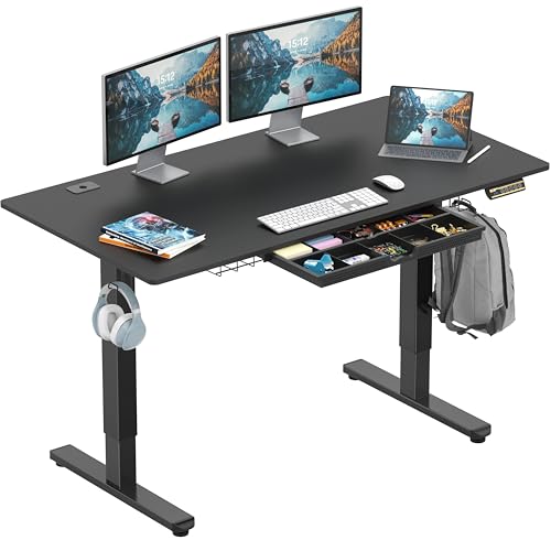 SHW 55 x 28 Inches Electric Height Adjustable Standing Desk with Drawer and Memory Preset, Black SHW
