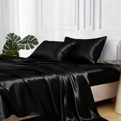 MR&HM Satin Sheets Full Size with Elastic Corner Straps, 4-Piece Silky Bedding Set, Deep Pocket 15 Inches, Good for Hair & Skin (Full, Black) MR&HM