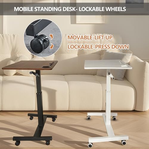 Mobile Standing Desk,Height Adjustable Overbed Bedside Table with Wheels&Cup Holder,Hand Crank Sit Stand Desk and Laptop Cart,Computer Workstation for Home Office Classroom Hospital (Manual Walnut) BeGyoku