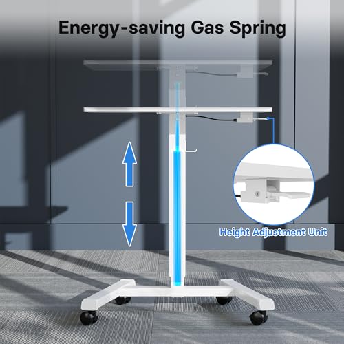 BONTEC Mobile Standing Desk Adjustable Height, Rolling Laptop Cart with Hook, Portable Workstation with Pneumatic Lift, Ergonomic Table with Wheels, Compact Home Office Desk, White 25.6" x 17.7" BONTEC