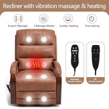 Power Lift Recliner Chair for Elderly People, Dual Motor Lift Chair with Vibration Massage and Heat, Lay Flat Recliner with Solid Wood Armrest, Standing Assistance Reclining, Faux Leather Yellow Brown