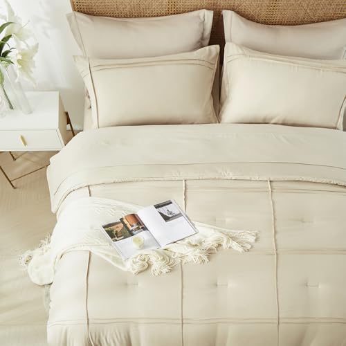 Yogeneg Twin Comforter Set 5 Piece Bed in a Bag,Grid Pinch Pleat Beige Twin Bedding Set,Striped Textured Soft Microfiber Comforter with Sheet Set,All Season Complete Bed Set(Beige,Twin) Yogeneg