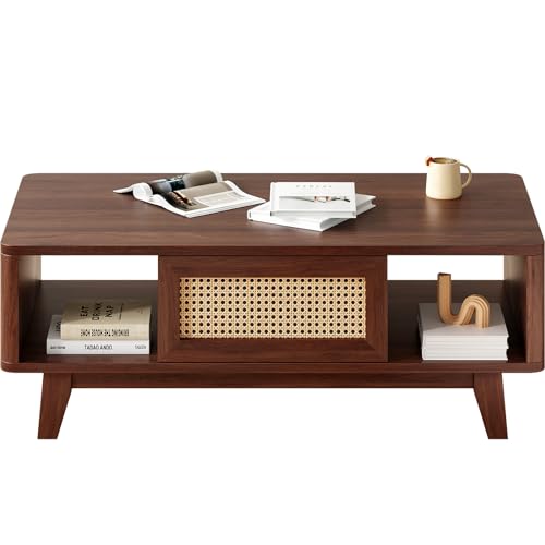 Coffee Table, Mid Century Living Room Tables with Storage, Modern Square Coffee Table with Rattan Drawer, Wooden Living Room Table, Farmhouse Coffee Table for Living Room