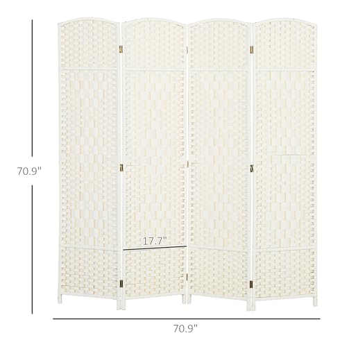 HOMCOM 4 Panel Room Divider, 6' Tall Folding Privacy Screen, Woven Freestanding Wall Partition for Home Office, Bedroom, White HOMCOM