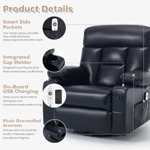 Comermax Rocker Recliner Chair with Heat and Massage, Wide Seat Heated Massaging Reclining Chair, Faux Leather Manual Swivel Rocking Recliners with Cup Holder, Black