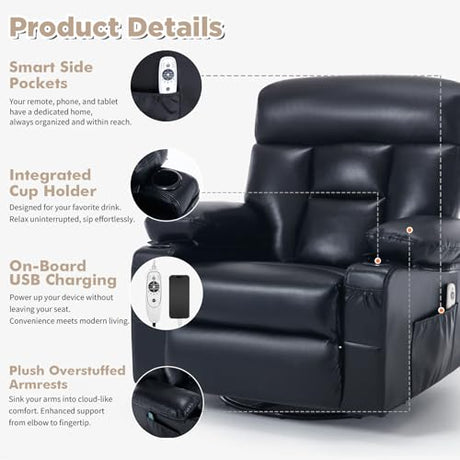 Comermax Rocker Recliner Chair with Heat and Massage, Wide Seat Heated Massaging Reclining Chair, Faux Leather Manual Swivel Rocking Recliners with Cup Holder, Black Comermax