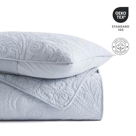 EVERGRACE 100% Cotton Paisley Quilt Set, King Size 3 Piece Set – Prewashed Lightweight Bedspread with 2 Shams, Soft & Breathable Matelasse Coverlet for All-Season Comfort, Pearl Blue EVERGRACEHOME