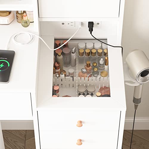 Vabches White Vanity Desk with Mirror and Lights, Vanity Table Makeup Vanity with Lights 3 Drawers and Cabinets, Charging Station & Sliding Door, Lots Storage Shelves Vabches
