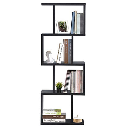 Giantex Modern S-Shaped 4-Tier Bookshelf - Stylish Free-Standing Storage Rack in Black - WoodArtSupply