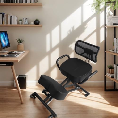 Ergonomic Height Adjustable Breathable Kneeling Chair Back Support Kneeling Chair with Leather Cushion Comfortable Mesh Backrest, Spine Alignment Support Zerone