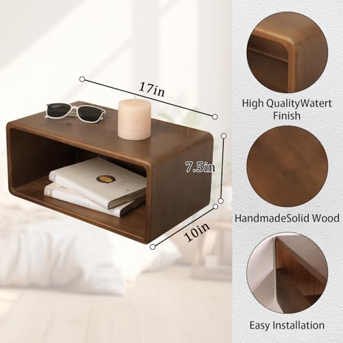 WDSHIYI Floating Nightstand, Wall Mounted Bedside Shelf, Handmade Bedroom Furniture,Pine Wood Floating Bedside Table, Minimalist and Unique Style 18”x 10”x 7.5” Brown WDSHIYI
