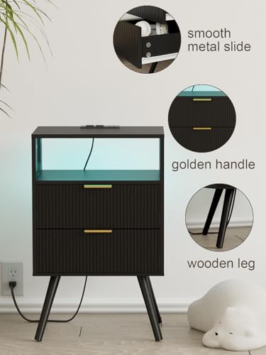 Leomonio Nightstand with Charging Station and LED Lights, Modern Bedside Table with 2 Storage Drawer and Open Wood Shelf for Bedroom and Small Spaces, Night Stand with Solid Wood Legs Leomonio