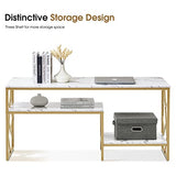 ivinta Narrow Console Table, White Entryway Table with Storage Shelf, Faux Marble Top Sofa Table with Gold Metal Frame, Modern Hallway Couch Table for Small Spaces, 6026 ivinta