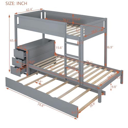 Modern Bunk Bed with Pull-out Trundle and Desk for Kids Boys Girls, Solid Wood Bed Frame with 3 Storage Drawers and USB Ports for Home Apartment, 3 Beds in 1 Design Bed Foundation No Box Spring Needed