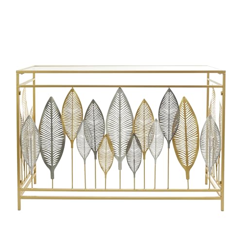Deco 79 Metal Leaf Console Table with Mirrored Glass Top and Silver Accents, 44" x 16" x 30", Gold Deco 79