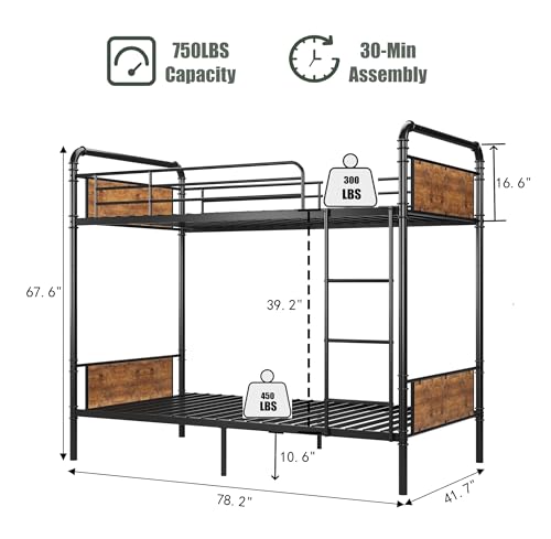 Garvee Industrial Twin Over Twin Bunk Bed, Convertible to 2 Separate Single Beds, Sturdy Metal Bunk Bed, Detachable Ladder & High Safety Guardrails for Safety, Space-Saving Design Garvee
