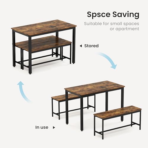 ROCKINGRUN Rustic Brown Bar Table Set with 2 Benches for 4 - Compact Dining Solution for Small Spaces - WoodArtSupply