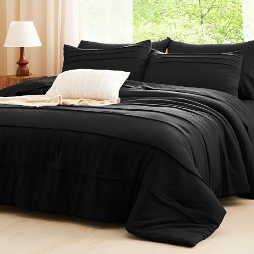 CozyLux Queen Comforter Set Black, 7 Pieces Soft Pinch Pleat Bed in a Bag Queen Comforter Set with Sheets, Boho Bed Set with Down Alternative Comforter, Sheets, Pillowcases & Shams CozyLux