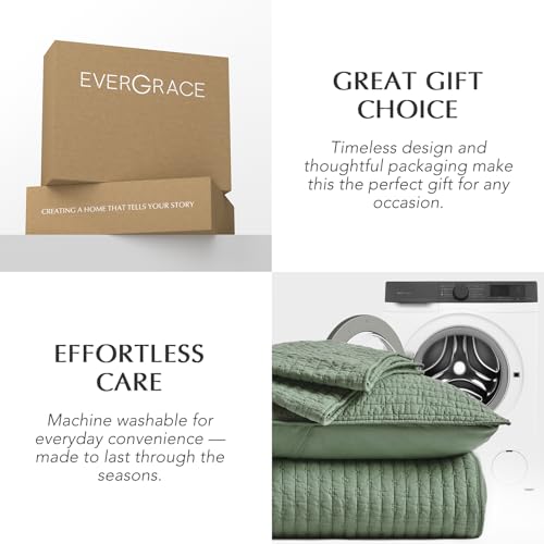 EVERGRACE Cross Stitch Pre-Washed Cotton Quilt Bedding Set King Size, Oversized 3 Pieces Lightweight Bedspread Coverlet for All Season, with 2 Matching Shams, Olive Green,108"x96" EVERGRACEHOME
