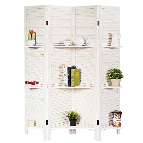 Giantex 4 Panel Room Divider with Shelve, Folding Privacy Screens, Wood Divider for Room Separation, 5.6 FT Foldable Wall Partition for Home Office Bedroom, White Giantex