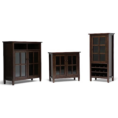 SIMPLIHOME Warm Shaker SOLID WOOD 32 inch Wide Rustic Low Storage Cabinet in Tobacco Brown, with 2 Adjustable Shelves, Tempered Glass Door SIMPLIHOME