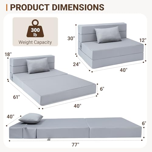BeBen Folding Sofa Bed, Boneless Foldable Chair Bed, Convertible Futon Sleeper Chair Couch, Twin Lazy Floor Lounger Sofa Couch for Small Spaces, Dorm, Guest Room, Living Room, Apartment, Grey BeBen