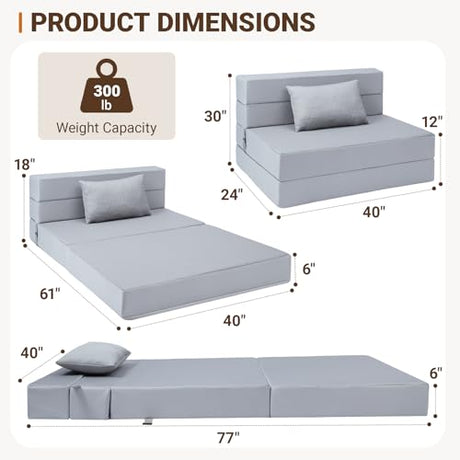 BeBen Folding Sofa Bed, Boneless Foldable Chair Bed, Convertible Futon Sleeper Chair Couch, Twin Lazy Floor Lounger Sofa Couch for Small Spaces, Dorm, Guest Room, Living Room, Apartment, Grey BeBen