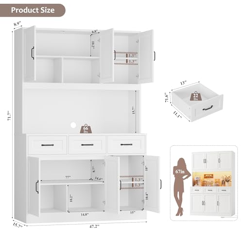 HOSTACK 72" Tall Kitchen Pantry Cabinet with Charging Station | LED Lights, 47" W Kitchen Pantry Storage Cabinet with Countertop, Modern Kitchens Hutch Cabinets with Storage for Dining Room, White HOSTACK