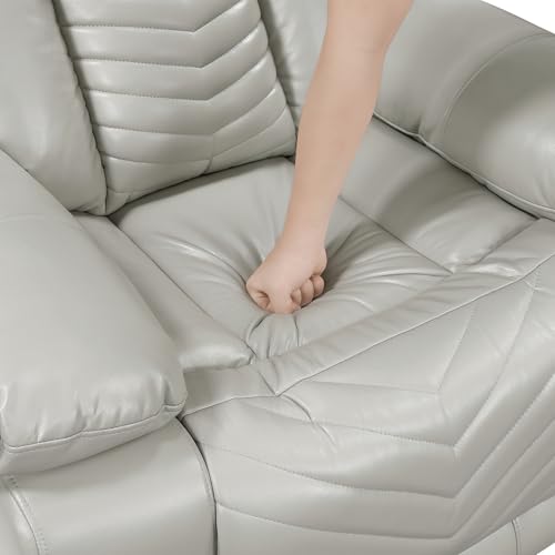 Lexicon Wall Hugger Power Double Reclining Sofa with Center Drop-Down Table, Faux Leather Home Theater Seating with LED Lighting/USB Charging Ports/Wireless Charger/Cup Holders, Magazine Pocket, Gray Lexicon