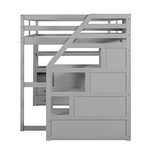 Harper & Bright Designs Grey Full Size Loft Bed with Desk, Storage Stairs, and Shelves - WoodArtSupply