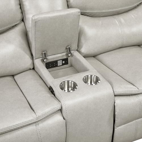 Lexicon L-Shaped Power Reclining Sectional Couch, Faux Leather Reclining Sectional Sofa, 3 Recliners, Wall Hugger, Right Storage Console, Cup Holders, Receptacles, Charging Ports, Silver Gray Lexicon