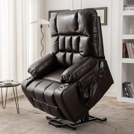 RHHVVR Oversized Power Recliner Chair for Big and Tall 400 LBS, 25.5" Extra Wide Electric Lift Chair with Heat and Massage, Dual Motor 180° Lay Flat Recliner Living Room Sofa, PU Leather Big Recliner RHHVVR