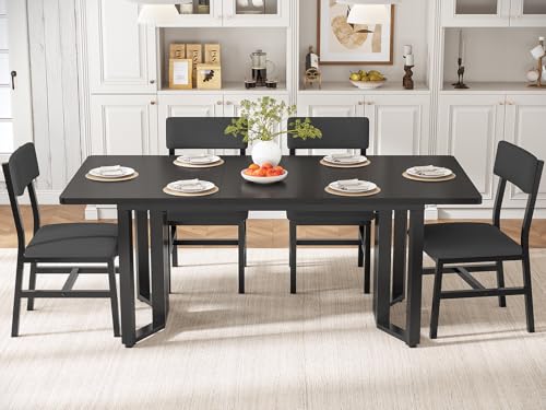 Itaar 5-Piece Dining Table Set for 4-6 People, 63" Extendable Kitchen Table and 4 Cushion Chairs, Dining Room Table with MDF Board & Metal Frame for Small Space, Easy Clean, Black Itaar