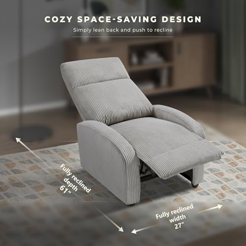 Lexicon Corduroy Pushback Recliner Chair Armchair Push Back Recliner, Solid Wood Frame and Metal Base, Easy Assembly Small Soft Single Sofa Accent Chair for Living Room/Office/Apartment, Light Grey