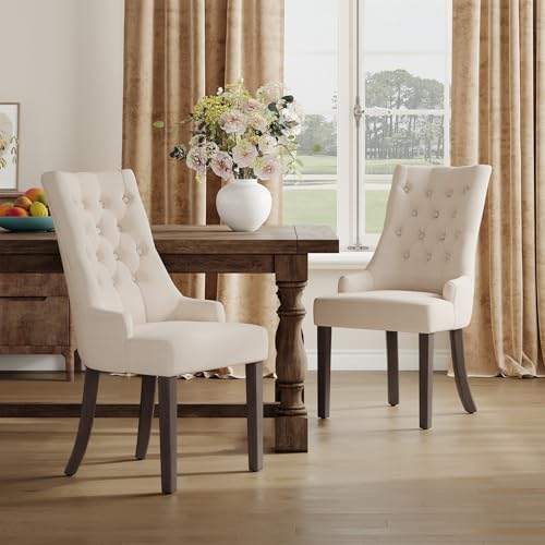 COLAMY Fabric Side Dining Chairs Set of 6, Wingback Upholstered Dining Room Chairs with Tufted Button, Living Room Chairs for Home Kitchen, Beige COLAMY