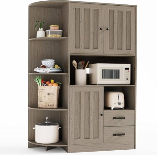 Gizoon 60.4" Farmhouse Kitchen Pantry Storage Cabinet with Doors and Adjustable Shelves, Large Kitchen Hutch with Drawers, Freestanding Cupboard for Dining Room, Living Room, Grey Gizoon